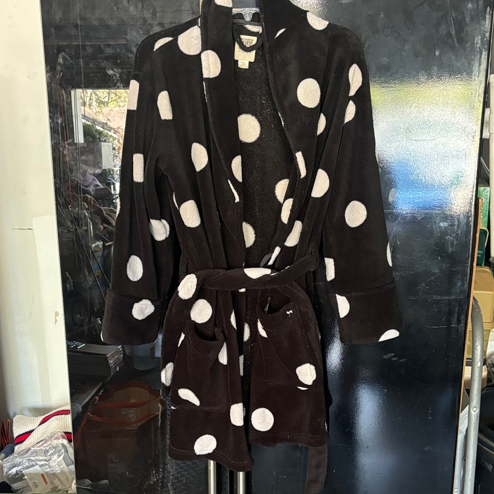 PINK Victoria's Secret Black Plush Robe with White Polka Dots